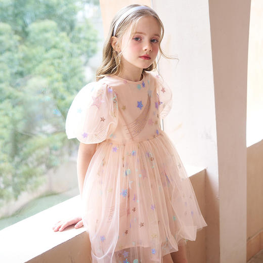 mettekids女童连衣裙儿童夏季粉色网纱裙子中大童泡泡袖公主裙 商品图1