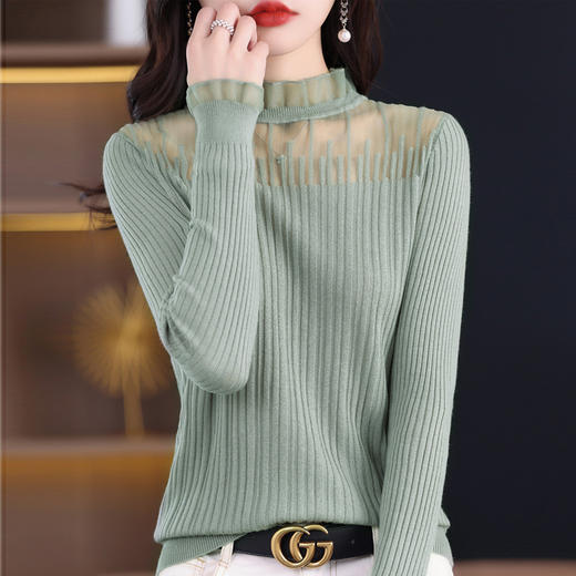 QHJY-JYA023115轻奢蕾丝拼接立体花朵长袖针织衫23春夏半高领显瘦外搭羊毛上衣女 商品图5