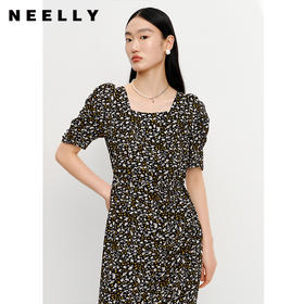 NEELLY纳俪商场同款夏季碎花连衣裙女方领显瘦收腰A字裙下开叉裙N23042Y01