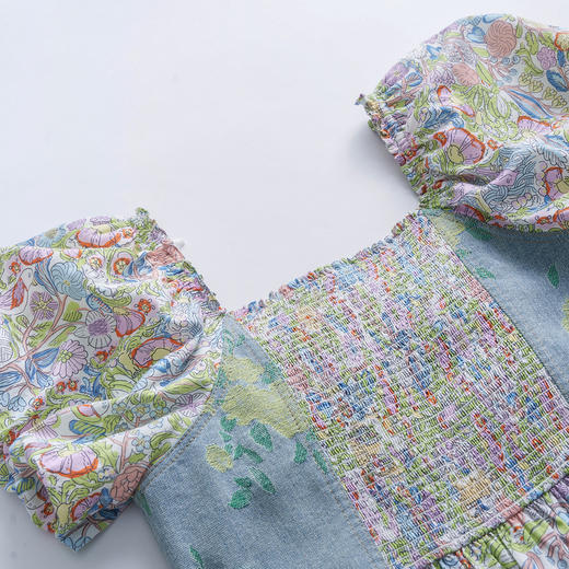 谜底碎花连衣裙短袖2023夏新款文艺拼接修身中长裙短袖232ML0543 商品图3