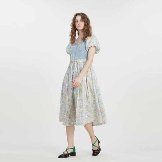 谜底碎花连衣裙短袖2023夏新款文艺拼接修身中长裙短袖232ML0543 商品图1