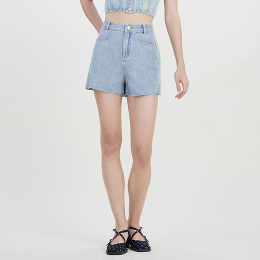 谜底绣花牛仔短裤女2023夏季新款时尚A型修身拼接直筒裤232MK0551 商品图0