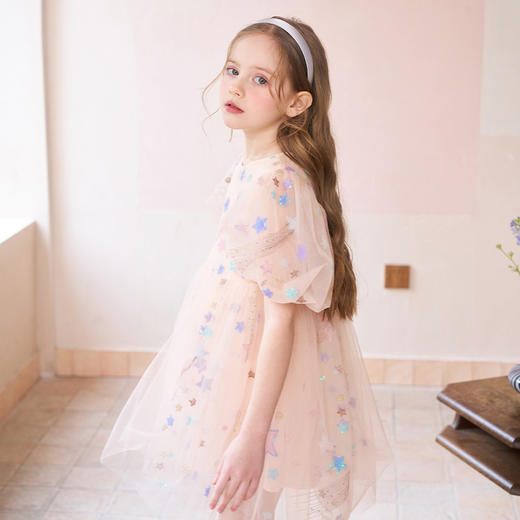 mettekids女童连衣裙儿童夏季粉色网纱裙子中大童泡泡袖公主裙 商品图2