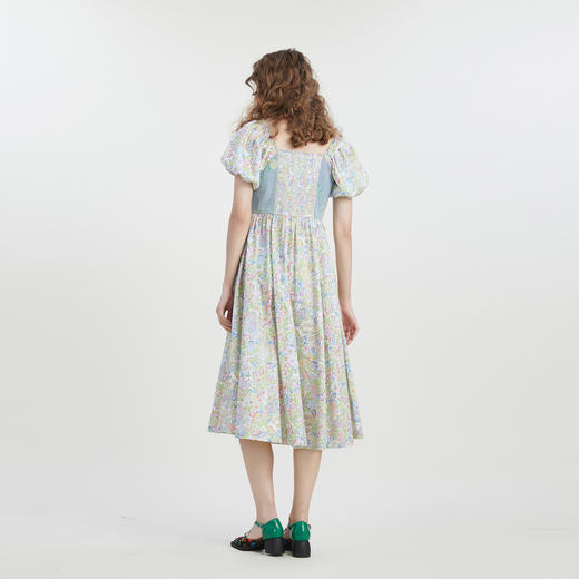 谜底碎花连衣裙短袖2023夏新款文艺拼接修身中长裙短袖232ML0543 商品图2