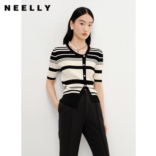 NEELLY纳俪商场同款条纹短袖针织衫女夏季不规则小众修身开衫上衣N23042A01034 商品图0