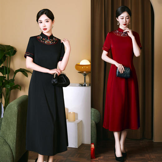 仿醋酸绣花长款旗袍大摆裙，时尚喜妈妈婚宴旗袍裙GX-21683 商品图3