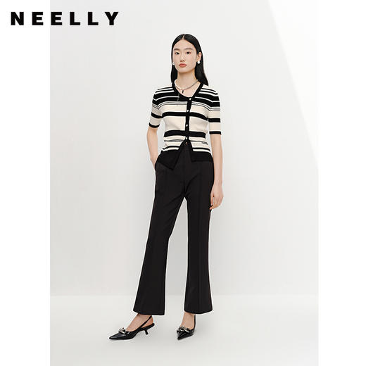 NEELLY纳俪商场同款条纹短袖针织衫女夏季不规则小众修身开衫上衣N23042A01034 商品图1