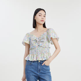 谜底方领碎花上衣2023夏新款文艺风显瘦花色小衫飞飞袖232MS0520