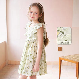 mettekids女童连衣裙夏季新款中大童绿色印花裙子儿童洋气公主裙