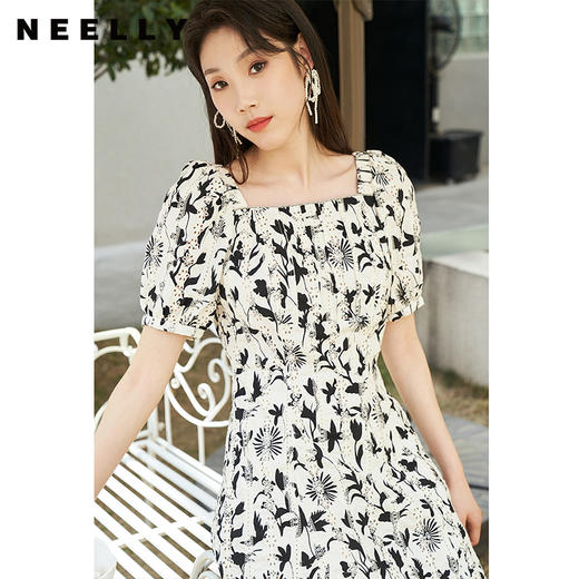NEELLY纳俪商场同款方领泡泡袖连衣裙女夏季镂空刺绣收腰A字裙潮N23044Y04403 商品图2