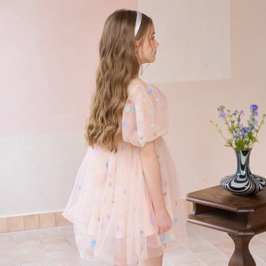 mettekids女童连衣裙儿童夏季粉色网纱裙子中大童泡泡袖公主裙 商品图3