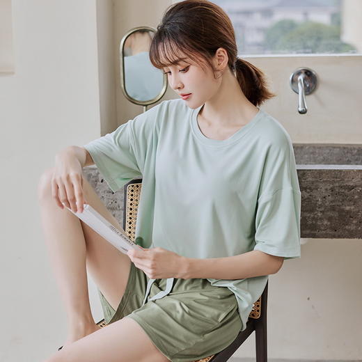 【MUJI同款短袖带胸垫家居服】女士夏季莫代尔睡衣带胸垫，防凸点短袖家居服套装 商品图7