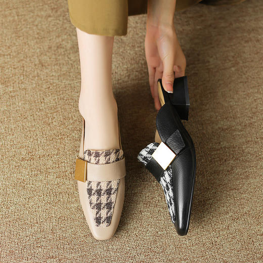 OLD 9166aa包头半拖鞋格子复古高跟凉拖时尚外穿 商品图0