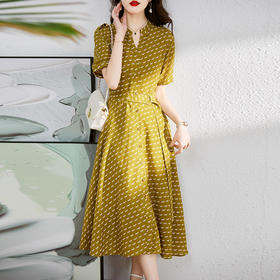 气质修身，V领印花束腰显瘦中长款裙子单排扣连衣裙HR-WL6159