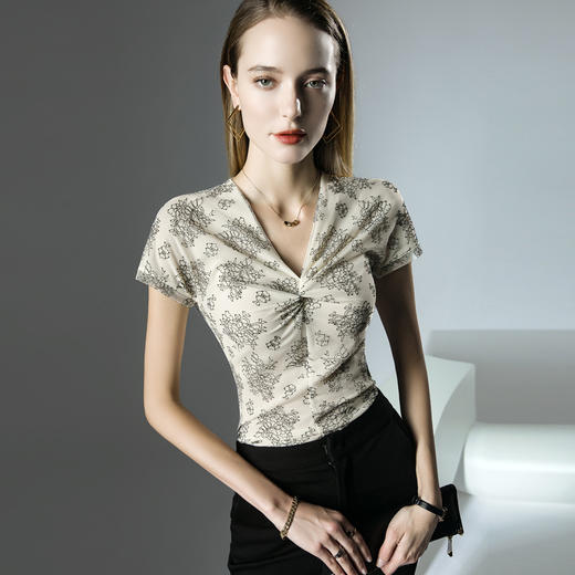 扭结V领上衣网纱提花洋气短袖T恤F20235053 商品图2