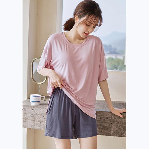 【MUJI同款短袖带胸垫家居服】女士夏季莫代尔睡衣带胸垫，防凸点短袖家居服套装 商品图5