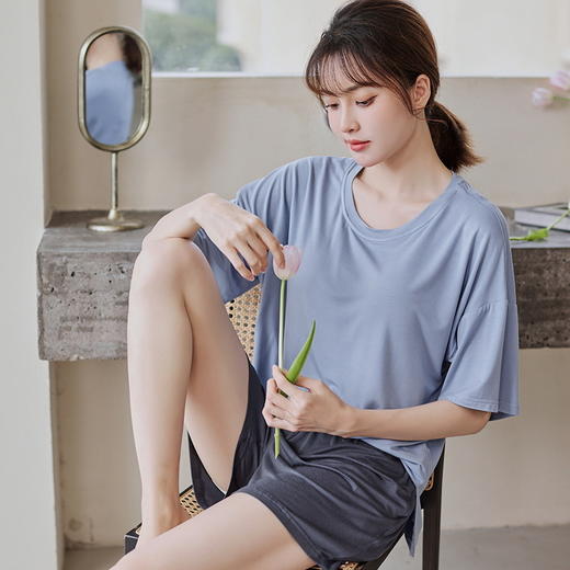 【MUJI同款短袖带胸垫家居服】女士夏季莫代尔睡衣带胸垫，防凸点短袖家居服套装 商品图6