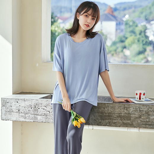 【MUJI同款短袖带胸垫家居服】女士夏季莫代尔睡衣带胸垫，防凸点短袖家居服套装 商品图1