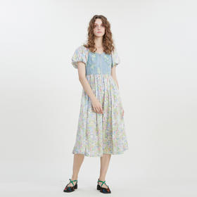 谜底碎花连衣裙短袖2023夏新款文艺拼接修身中长裙短袖232ML0543