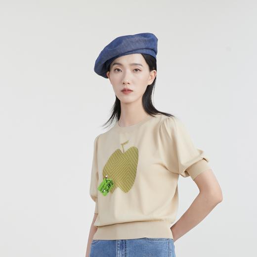 谜底套头针织衫短袖女2023春季新款百搭圆领泡泡袖上衣231MZ0304 商品图3