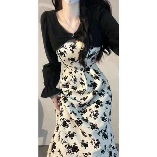 【纯欲甜辣赫本风法式碎花连衣裙】春秋新款女设计感长袖假两件裙子潮 商品图1