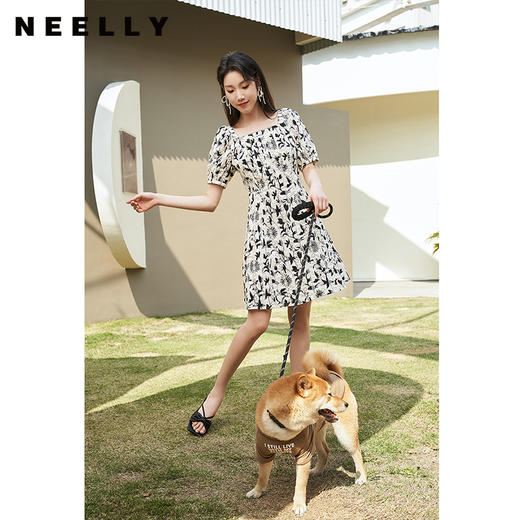 NEELLY纳俪商场同款方领泡泡袖连衣裙女夏季镂空刺绣收腰A字裙潮N23044Y04403 商品图0