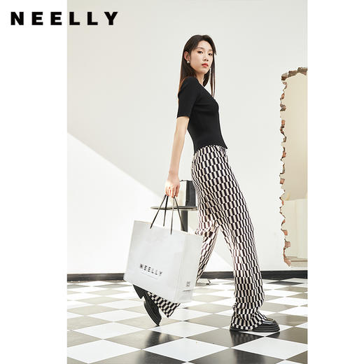 NEELLY纳俪商场同款个性黑白格子高腰休闲裤女宽松舒适百搭直筒裤N23044H03330 商品图2