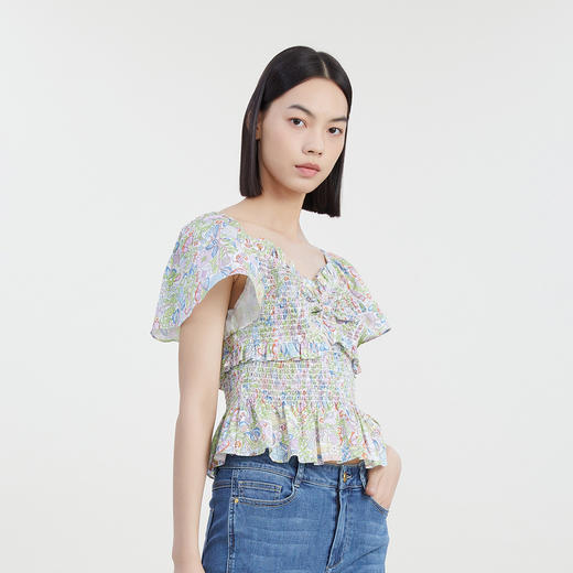 谜底方领碎花上衣2023夏新款文艺风显瘦花色小衫飞飞袖232MS0520 商品图3