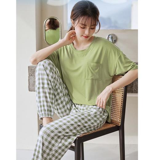 【MUJI同款短袖带胸垫家居服】女士夏季莫代尔睡衣带胸垫，防凸点短袖家居服套装 商品图3