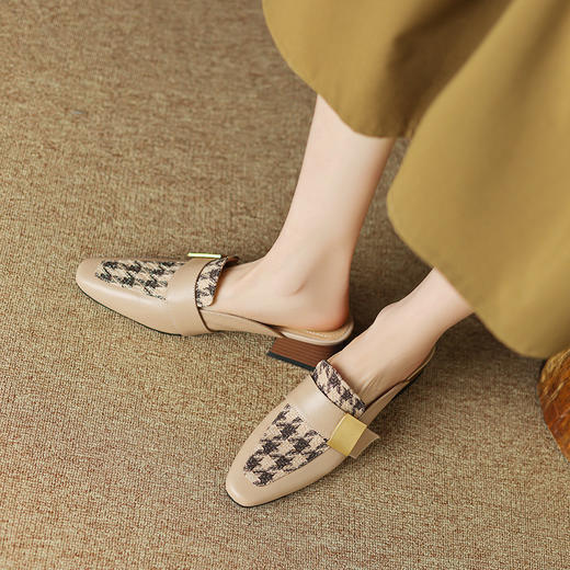 OLD 9166aa包头半拖鞋格子复古高跟凉拖时尚外穿 商品图3