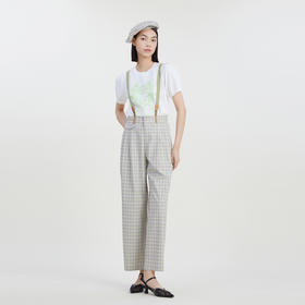 谜底宽松直筒裤女2023夏季新款复古格纹背带裤格子长裤232MK0566