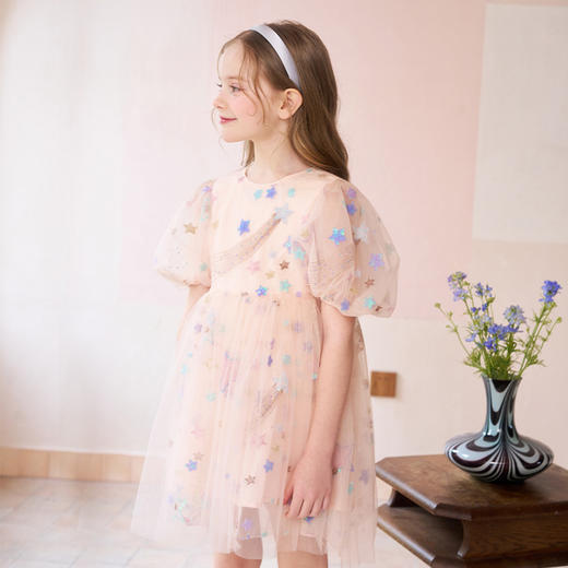 mettekids女童连衣裙儿童夏季粉色网纱裙子中大童泡泡袖公主裙 商品图0