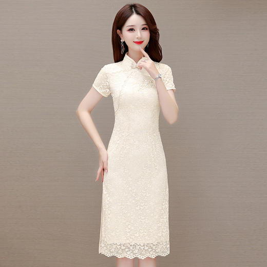 QYMLRX-LZC2320-Y旗袍连衣裙2023年夏季新款蕾丝裙中长款包臀裙纱网短袖A字裙 商品图1