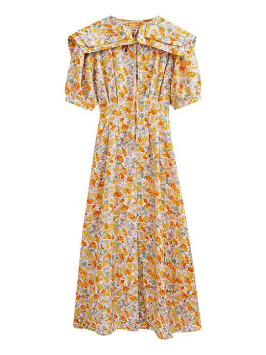 【S码专享】OLrain法式高级穿搭碎花雪纺连衣裙女夏季2022新款海军领复古长裙 商品图3