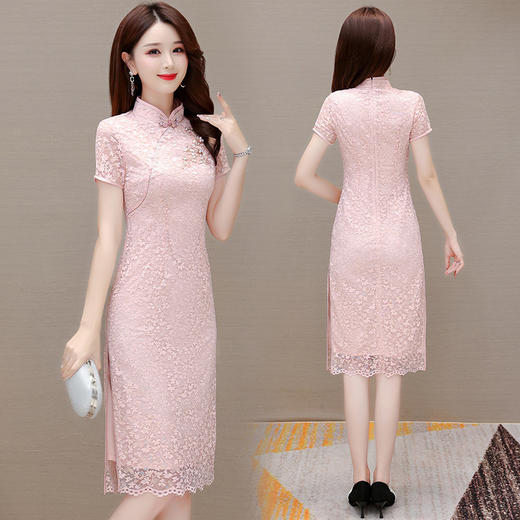 QYMLRX-LZC2320-Y旗袍连衣裙2023年夏季新款蕾丝裙中长款包臀裙纱网短袖A字裙 商品图2