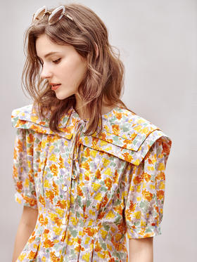 【S码专享】OLrain法式高级穿搭碎花雪纺连衣裙女夏季2022新款海军领复古长裙