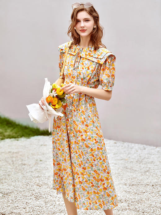 【S码专享】OLrain法式高级穿搭碎花雪纺连衣裙女夏季2022新款海军领复古长裙 商品图2