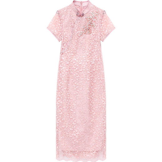 QYMLRX-LZC2320-Y旗袍连衣裙2023年夏季新款蕾丝裙中长款包臀裙纱网短袖A字裙 商品图4