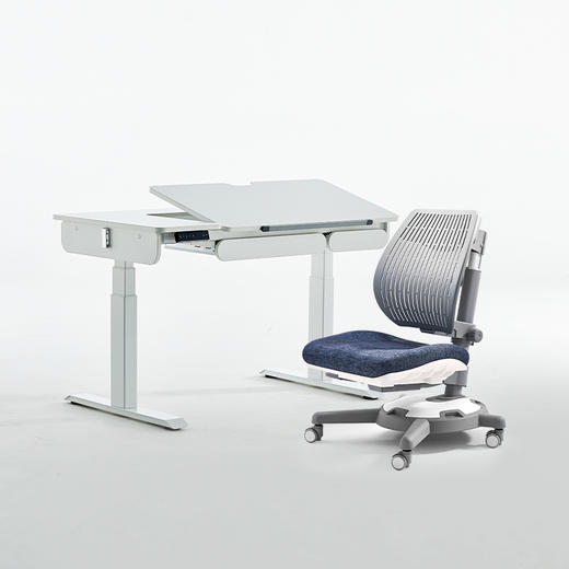 3岁+  电动学习桌 | 康朴乐爱丁堡电动桌+柏拉图椅（尺寸：120*70）左L  送椅套+阅读架 商品图1