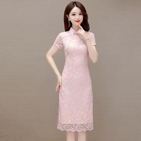 QYMLRX-LZC2320-Y旗袍连衣裙2023年夏季新款蕾丝裙中长款包臀裙纱网短袖A字裙