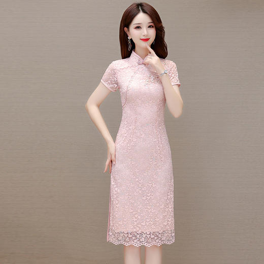 QYMLRX-LZC2320-Y旗袍连衣裙2023年夏季新款蕾丝裙中长款包臀裙纱网短袖A字裙 商品图0