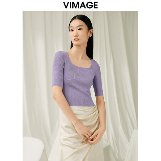 【转款下架】VIMAGE纬漫纪夏季新款u领修身显瘦短款上衣女针织衫V1901515 商品图9