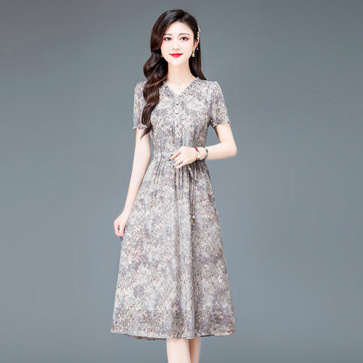 时尚木耳边，V领高腰中长款打底A字裙印花连衣裙QYM-TYH-23B854-Y 商品图6