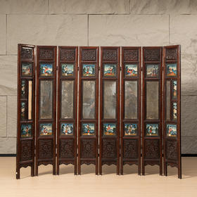 清早期 黄花梨镶玻璃画八仙人物四抹八扇围屏