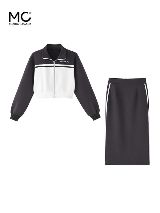 MC2时尚卫衣套装裙女2023新款翻领短款上衣配织带半裙气质两件套 商品图3