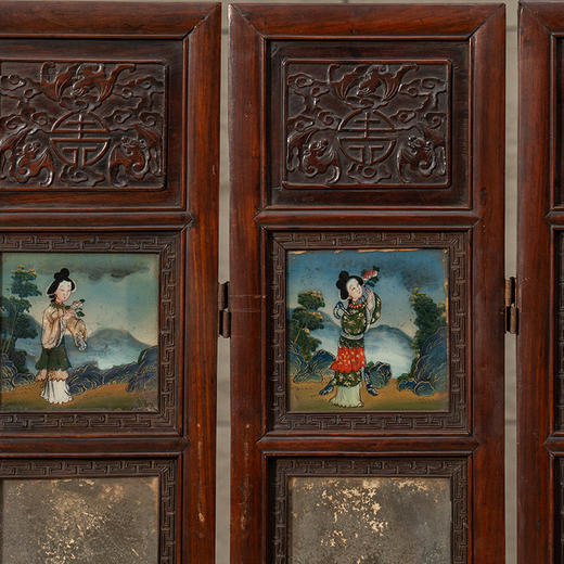 清早期 黄花梨镶玻璃画八仙人物四抹八扇围屏 商品图2