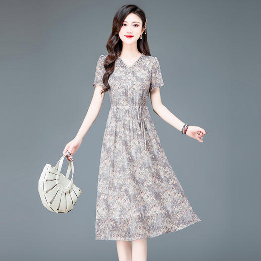 时尚木耳边，V领高腰中长款打底A字裙印花连衣裙QYM-TYH-23B854-Y 商品图1