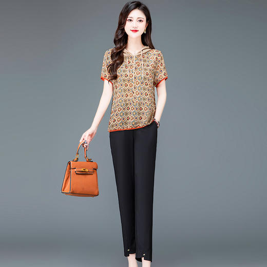 时尚两件套连帽印花小衫高腰直筒长裤休闲套装QYM-TYH-23B859-Y 商品图0