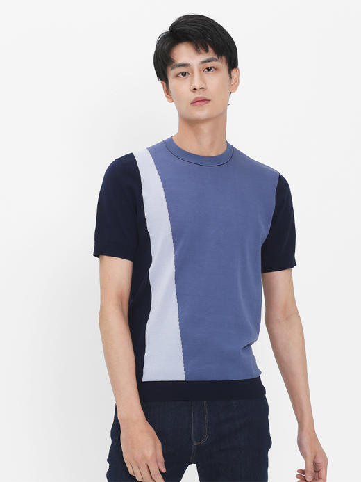 callisto蓝色撞色丝麻棉圆领T恤  SRTSS061C 商品图0