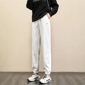 2023春秋季薄款棉都市休闲凹凸重工小熊束脚白色长裤宽松型运动卫裤5.2版